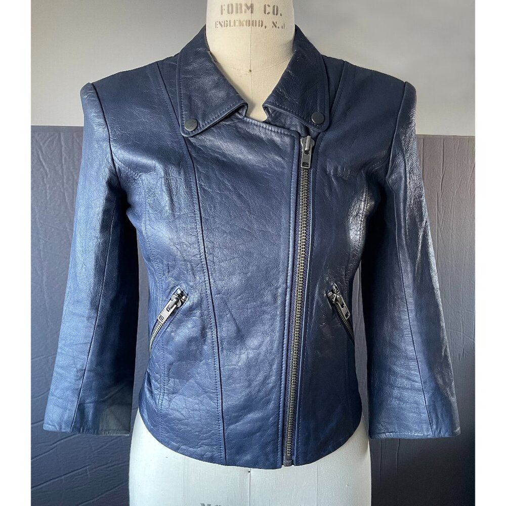 Theyskens Theory Blue Leather Moto Biker Jacket Petite/Small Zipper Sleeves